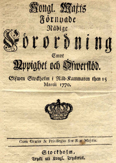 Förordning mot 'Yppighet och Öfwerflöd' från 15 mars 1700